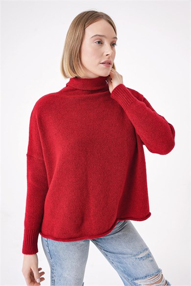 Chuba Kadın Yumuşak Dokulu Oversize Balıkçı Yaka Triko Kazak Kırmızı 25W3014