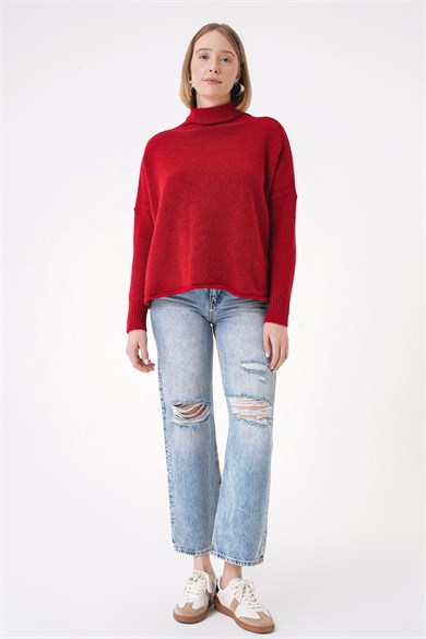 Chuba Kadın Yumuşak Dokulu Oversize Balıkçı Yaka Triko Kazak Kırmızı 25W3014