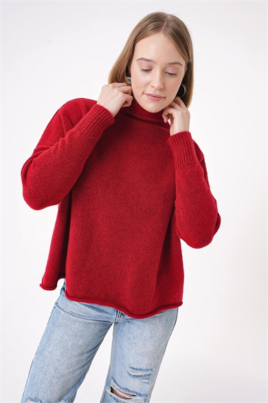 Chuba Kadın Yumuşak Dokulu Oversize Balıkçı Yaka Triko Kazak Kırmızı 25W3014