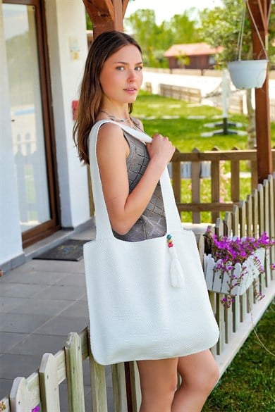 Chuba Triko Hasır Örgü Büyük Boy Shopper Askılı Gündelik El&Omuz Ve Plaj Çantası Beyaz CHAX802