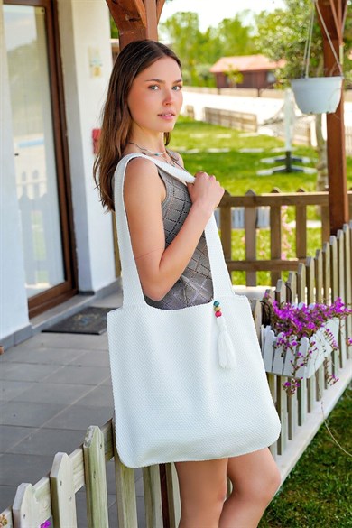Chuba Triko Hasır Örgü Büyük Boy Shopper Askılı Gündelik El&Omuz Ve Plaj Çantası Beyaz CHAX802