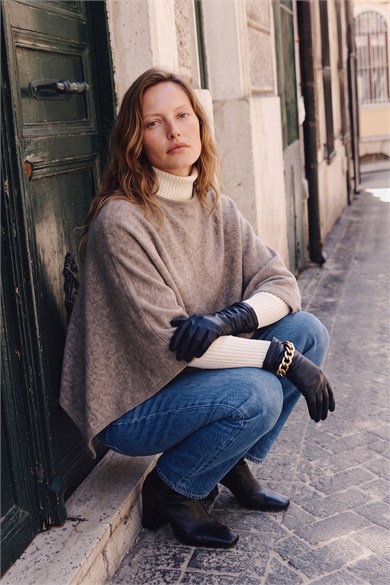 Kadın Premium Yumuşak Dokulu Asimetrik Kesim Panço Vizon 27W5011