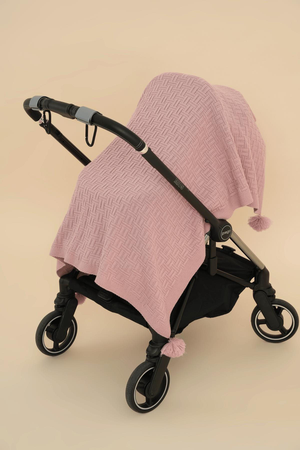 Chuba Çocuk Hasır Desenli Ponponlu Triko Battaniye (80cmx100cm) Pudra CHKIDS203