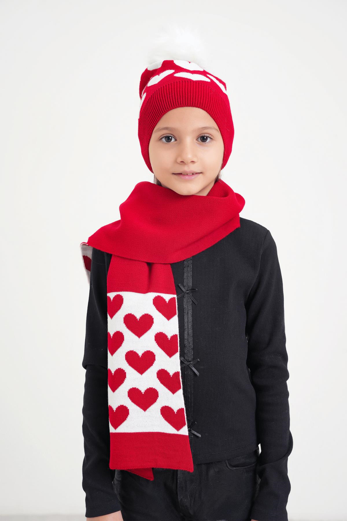 Chuba Çocuk Kalp Desenli Ponponlu Atkı Bere Takımı 7-9 & 10-12 Yaş Kırmızı CHKIDS105