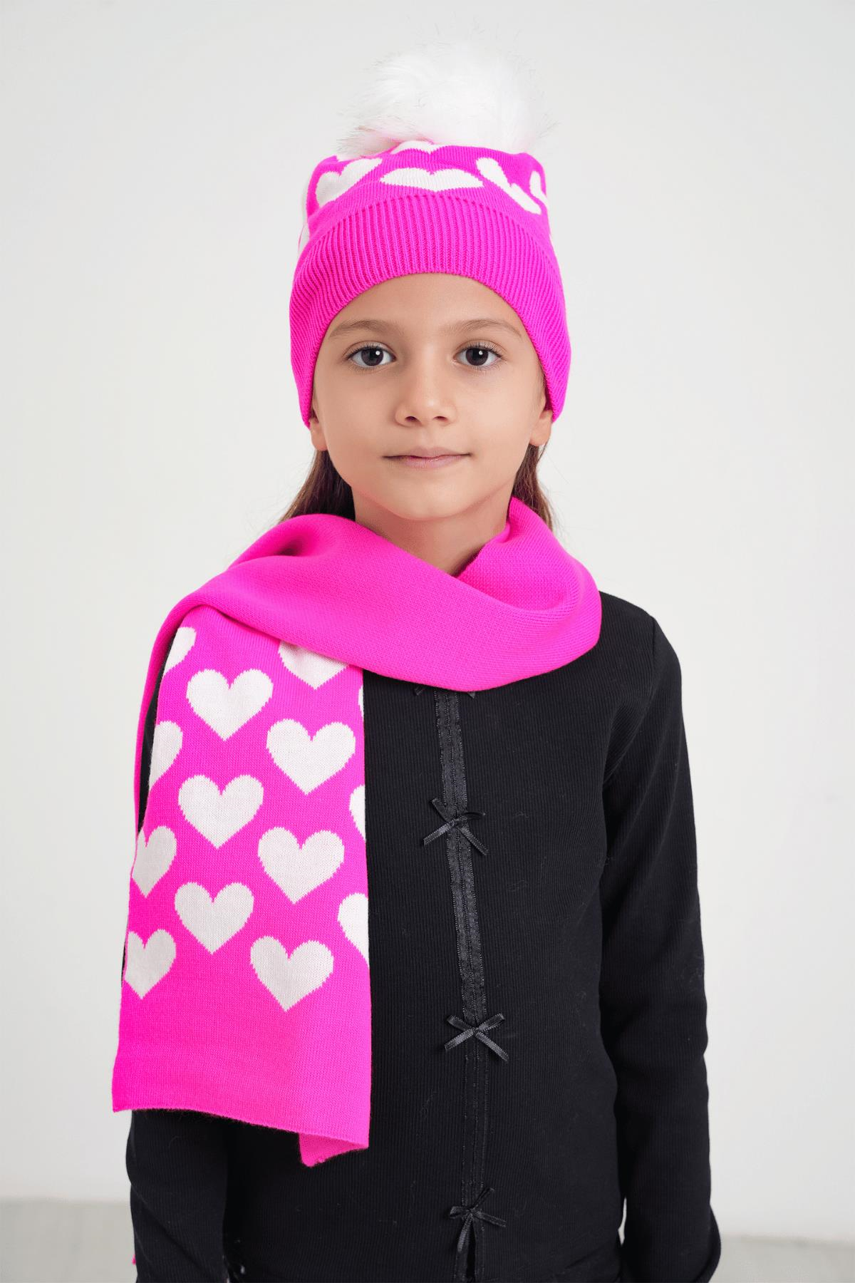 Chuba Çocuk Kalp Desenli Ponponlu Atkı Bere Takımı 7-9 & 10-12 Yaş Fuşya CHKIDS105
