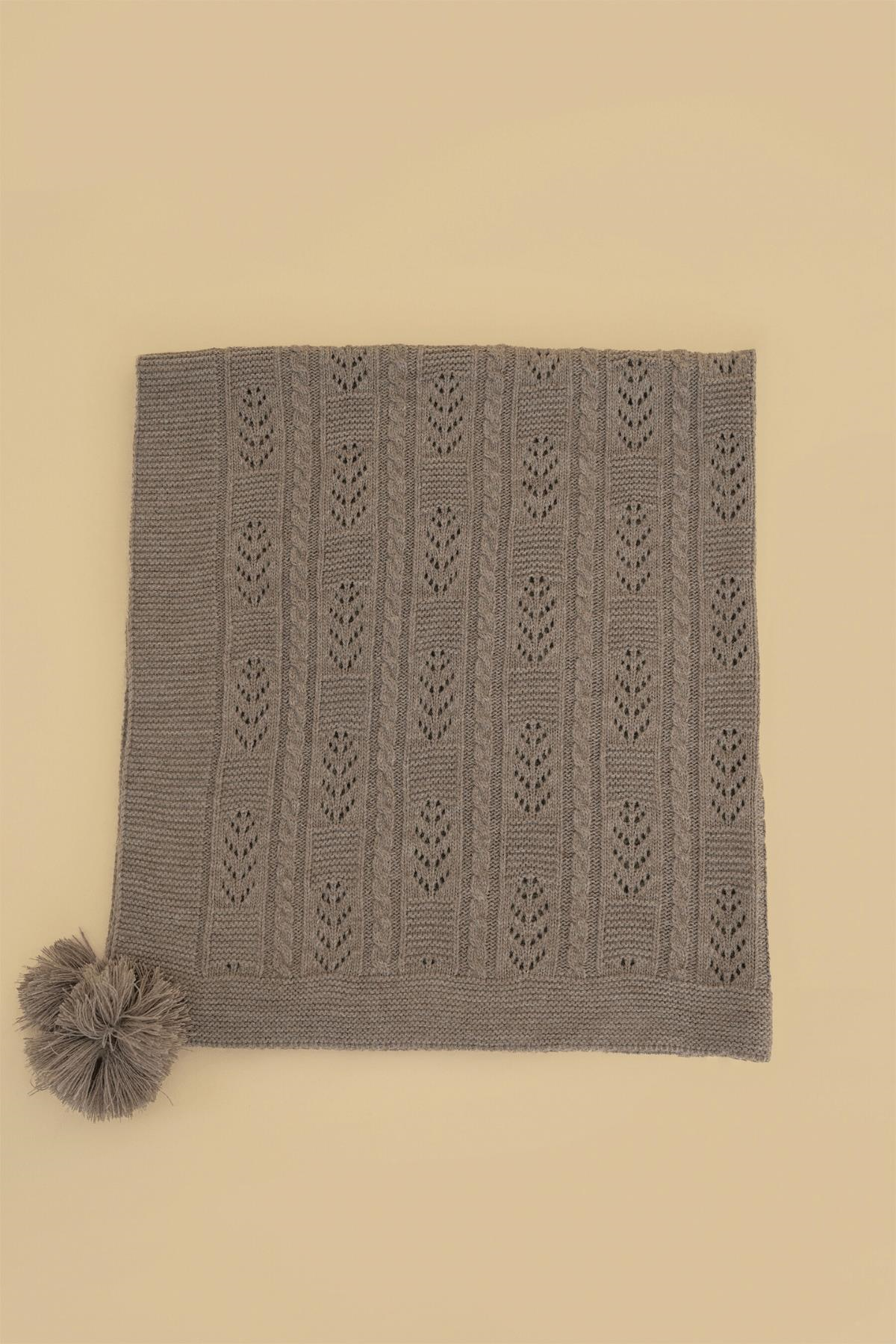 Chuba Çocuk Örgü Desenli Ponponlu Triko Battaniye (80cmx100cm) Vizon CHKIDS201