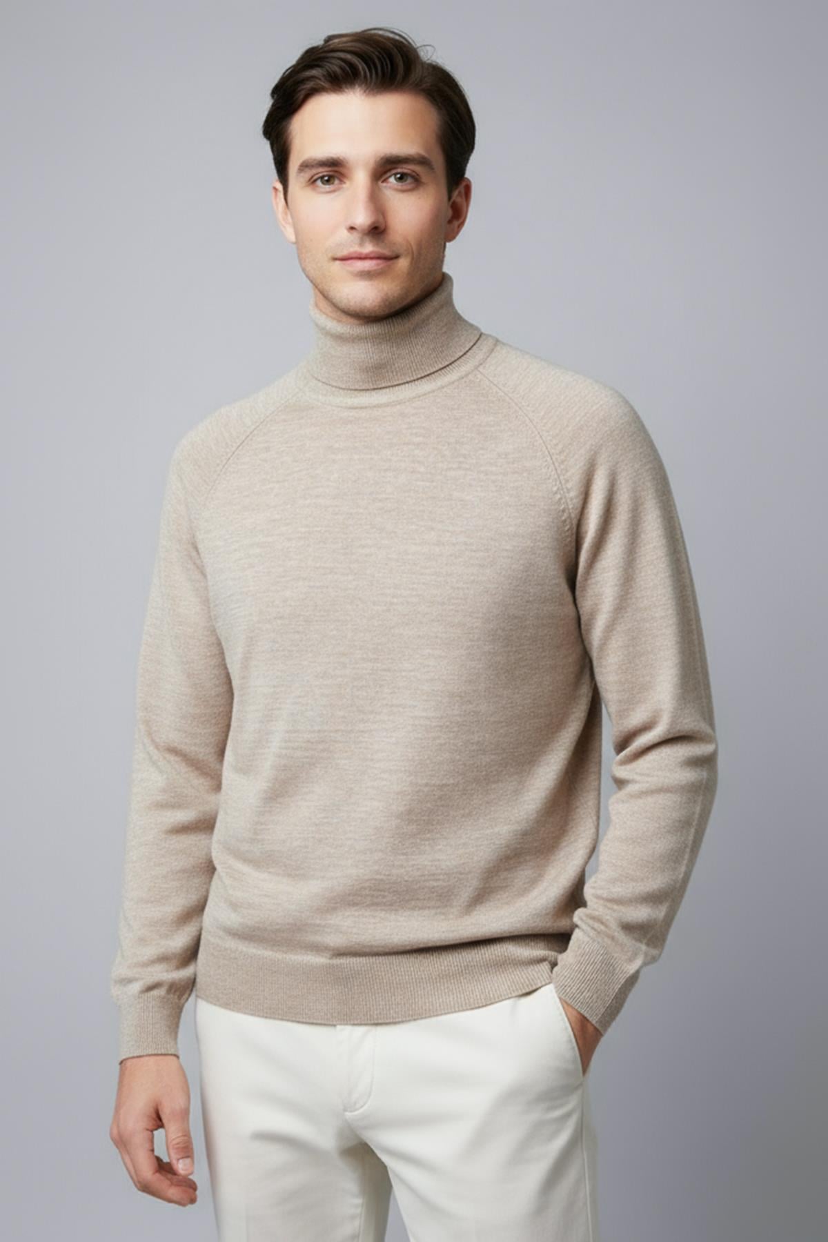 Chuba Erkek Balıkçı Yaka Standart Fit İtalyan Reglan Triko Kazak Bej 26W2013