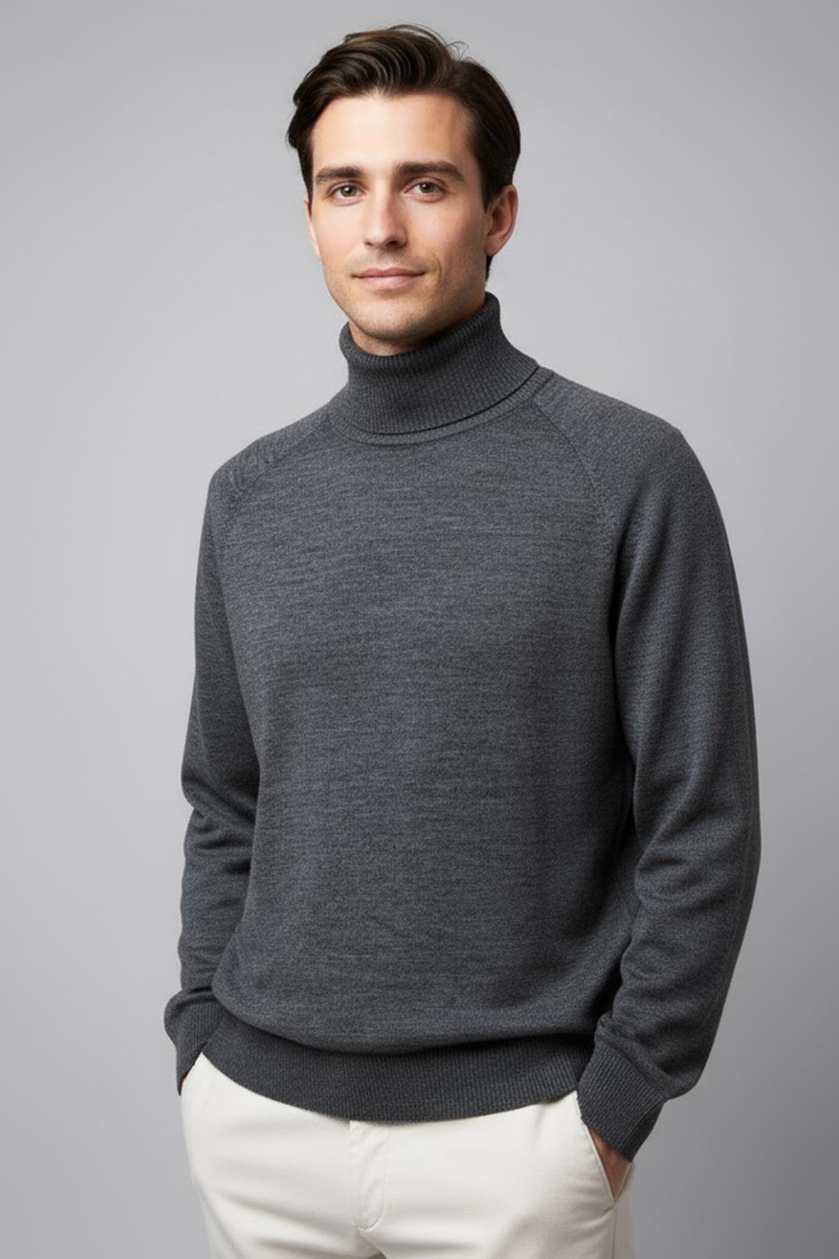 Chuba Erkek Balıkçı Yaka Standart Fit İtalyan Reglan Triko Kazak Antrasit 26W2013