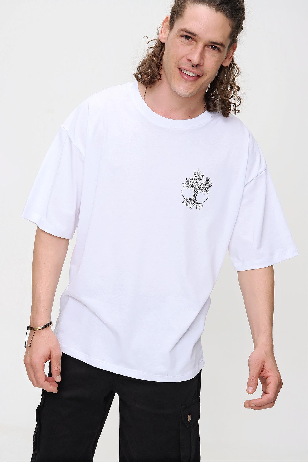 Chuba Erkek Beyaz Bisiklet Yaka Tree Of Life Baskılı Oversize T-Shirt 21S107