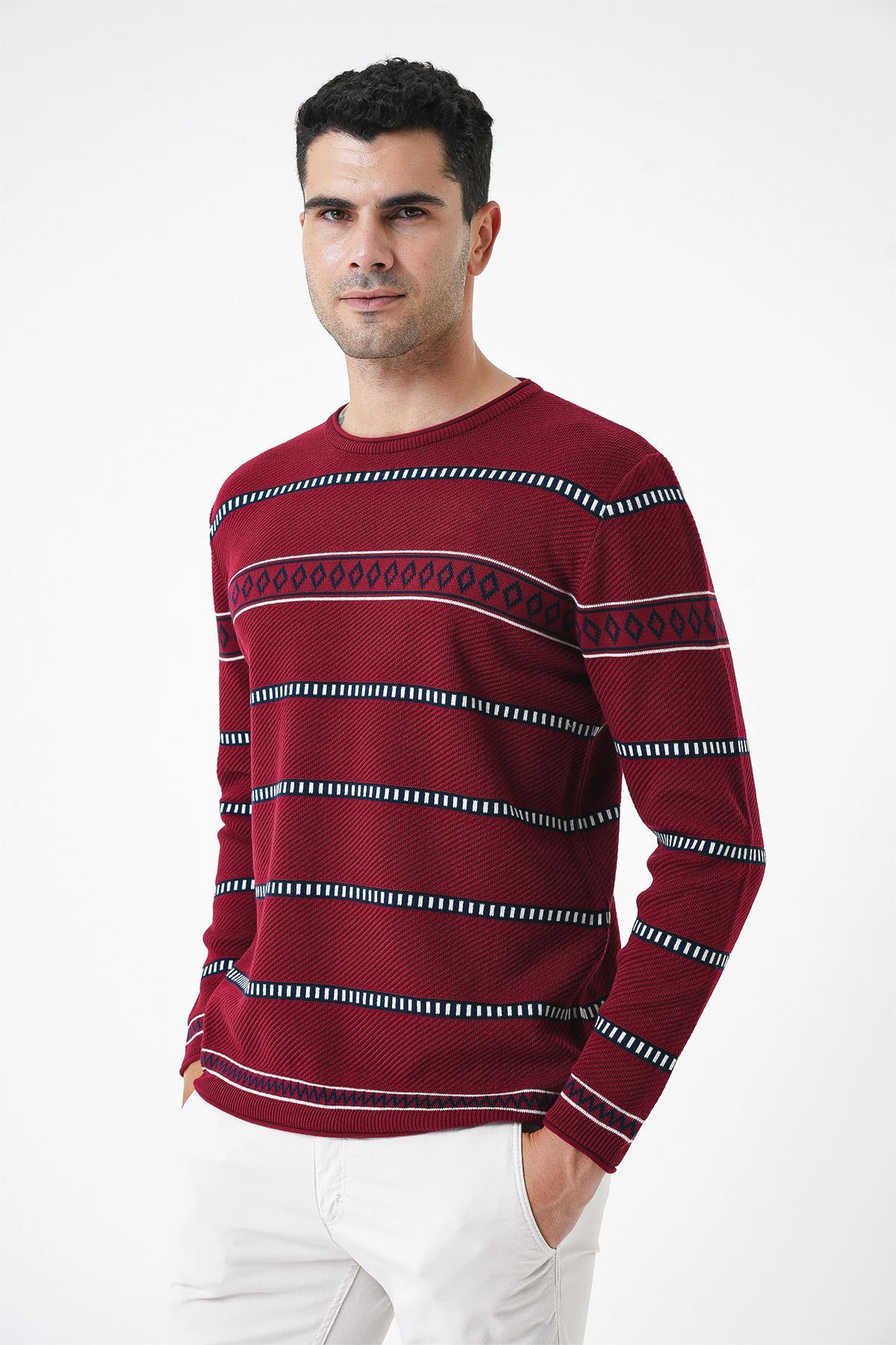Chuba Erkek Bisiklet Yaka Desenli Standart Fit Normal Kesim Triko Kazak Bordo 25W2004