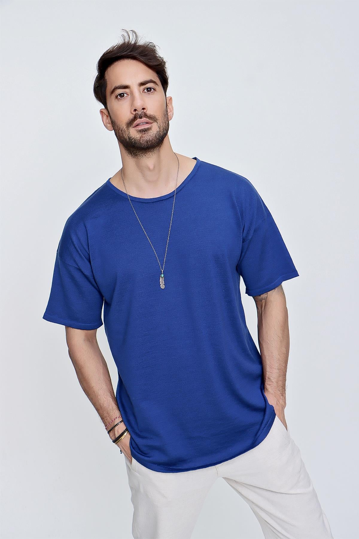 Chuba Erkek Bisiklet Yaka Oversize Fit Pamuklu İnce Triko T-Shirt Lacivert  22SM205