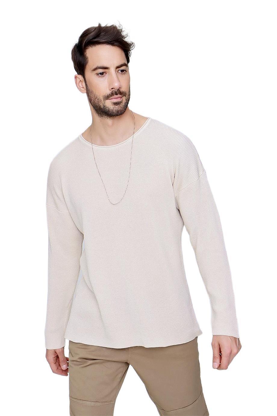 Chuba Erkek Bisiklet Yaka Pamuklu Salaş Triko Kazak Bej  22SM213