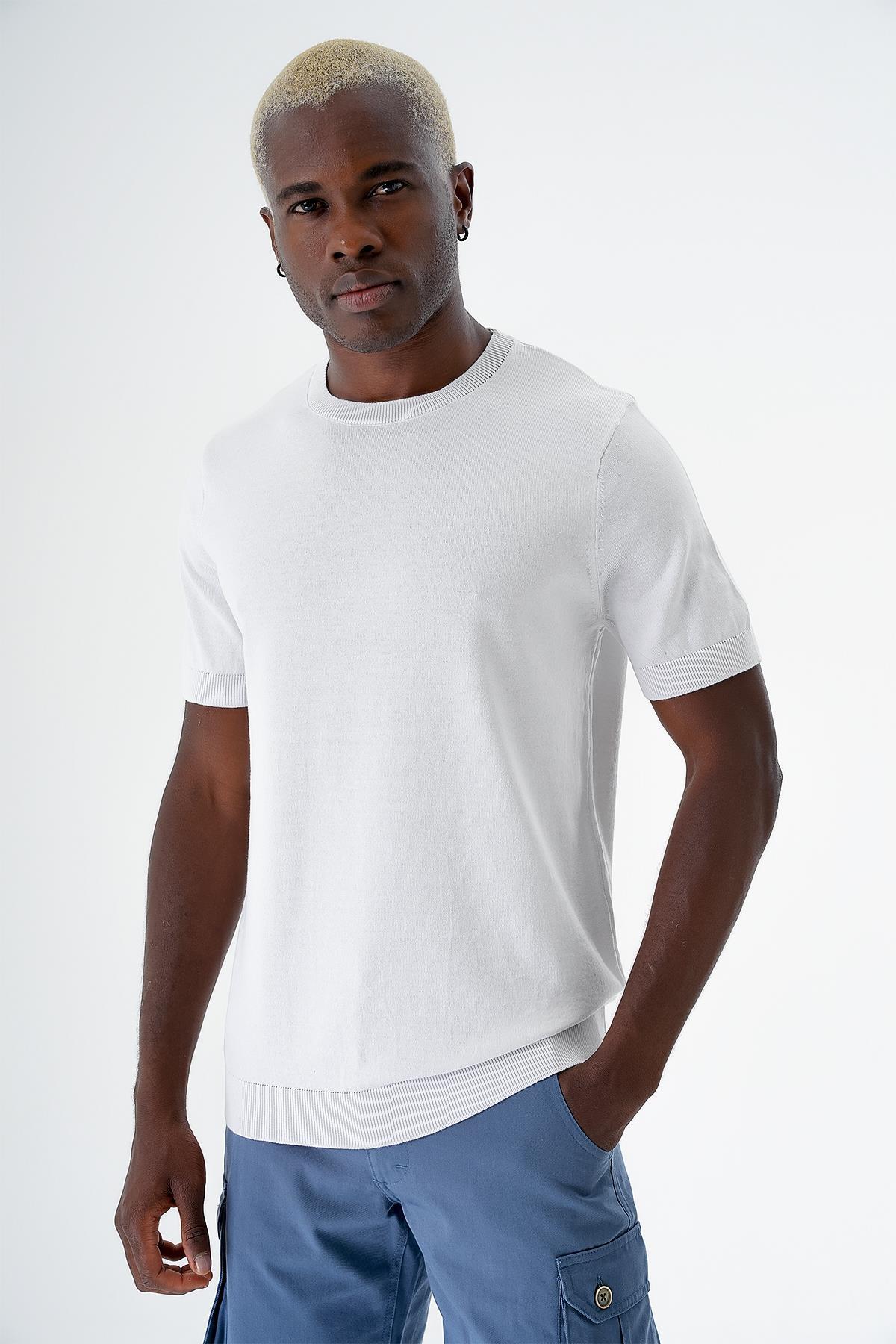 Chuba Erkek Bisiklet Yaka Standart Fit Pamuklu Kısa Kollu Triko Kazak Beyaz 24S261