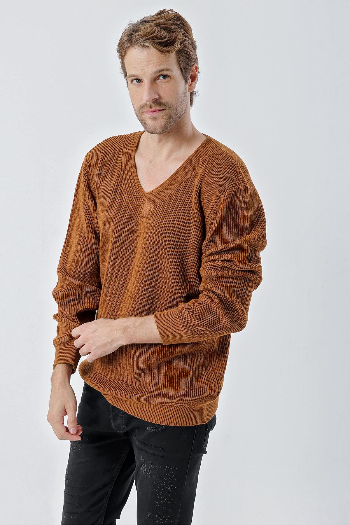 Chuba Erkek Genova V Yaka Standart Fit Triko Kazak Tarçın 24W209