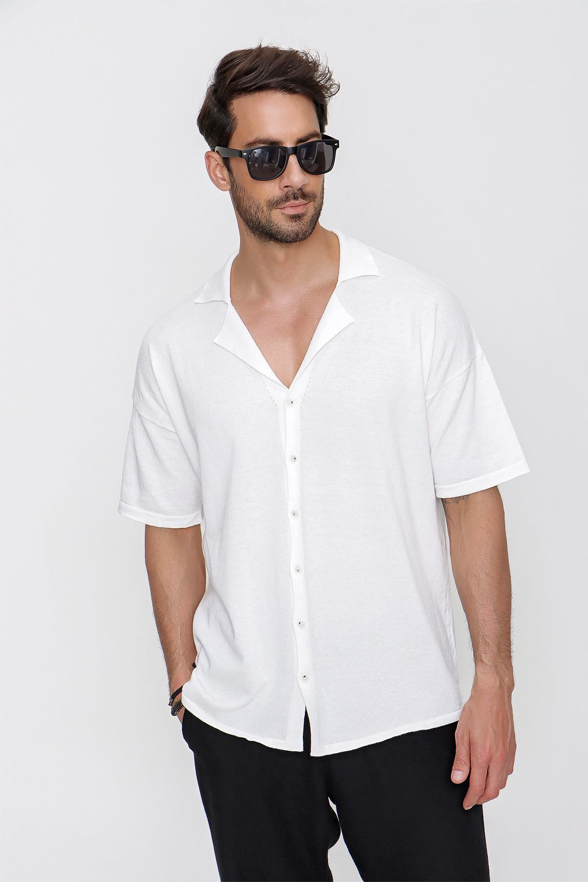 Chuba Erkek Kruvaze Yaka Loose Fit Pamuklu Triko Gömlek Beyaz 22SM222