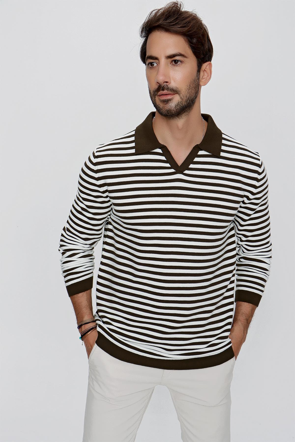 CHUBA Erkek Loose Fit Çizgili Polo Yaka Uzun Kollu Triko Kazak Koyu Haki-Ekru 23W203