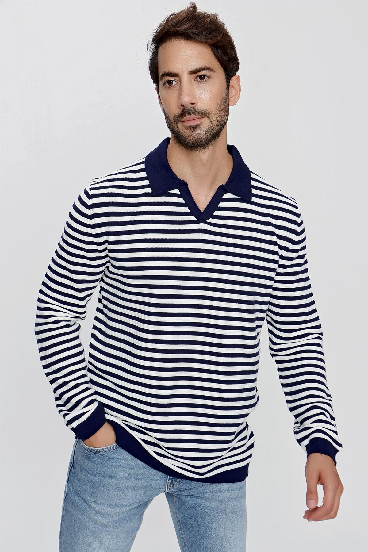 CHUBA Erkek Loose Fit Çizgili Polo Yaka Uzun Kollu Triko Kazak Lacivert-Ekru 23W203