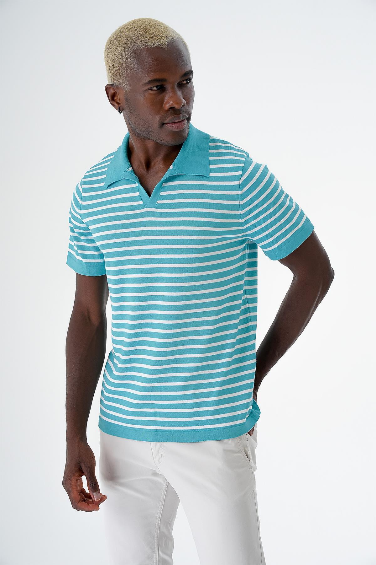 Chuba Erkek Polo Yaka Çizgili Regular Fit İnce Triko T-Shirt Turkuaz-Beyaz 24S263