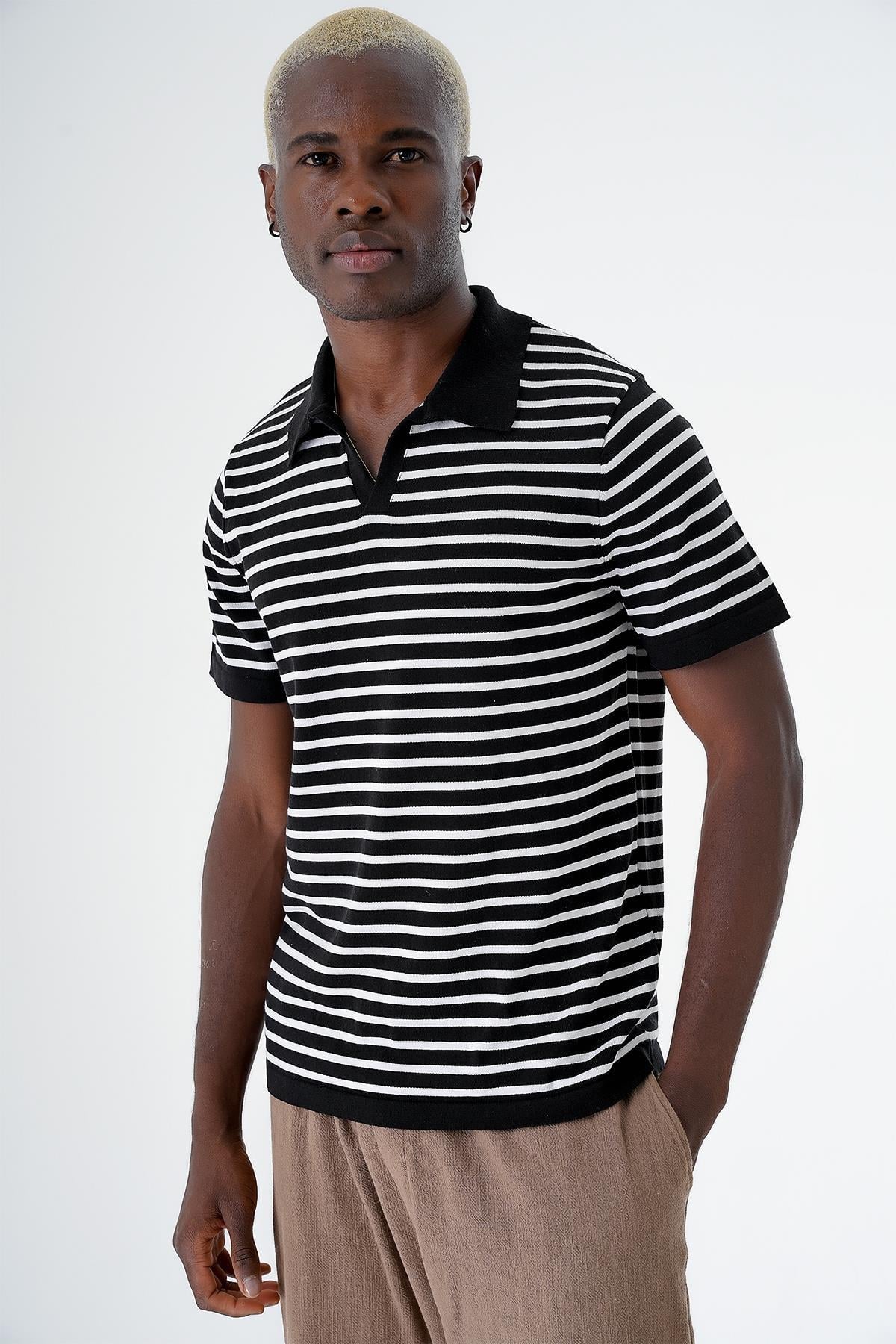 Chuba Erkek Polo Yaka Çizgili Regular Fit İnce Triko T-Shirt Siyah-Beyaz 24S263