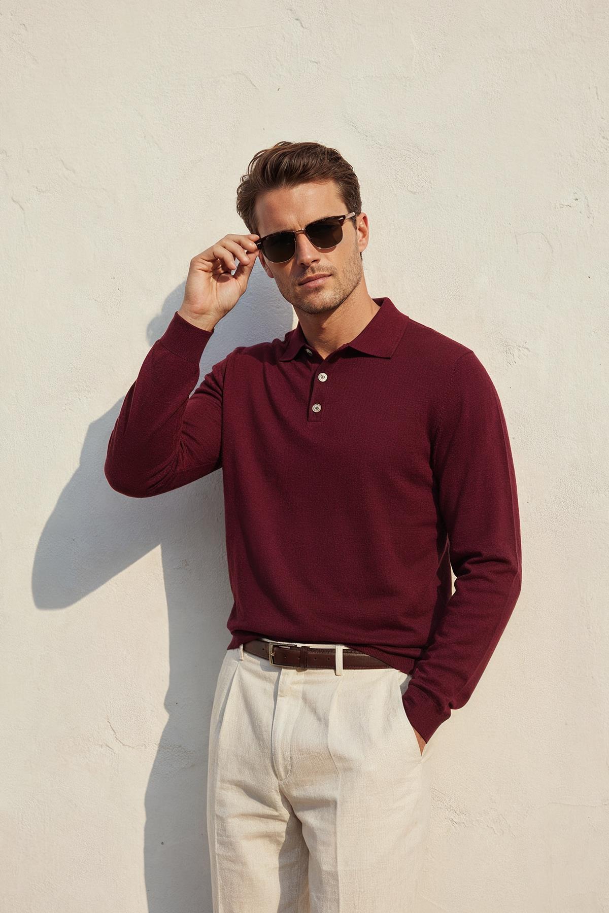 Chuba Erkek Polo Yaka Düğmeli Triko Kazak Bordo 26W2012