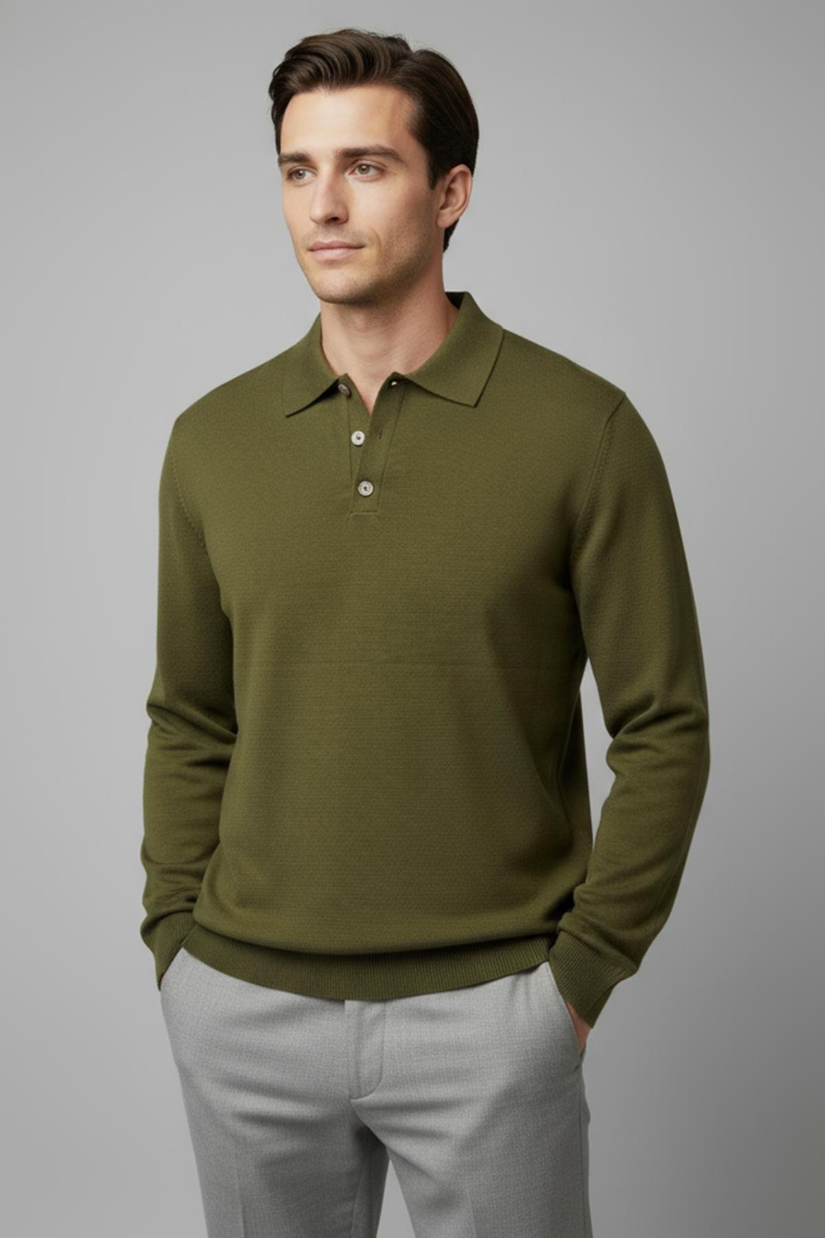 Chuba Erkek Polo Yaka Düğmeli Triko Kazak Haki 26W2012