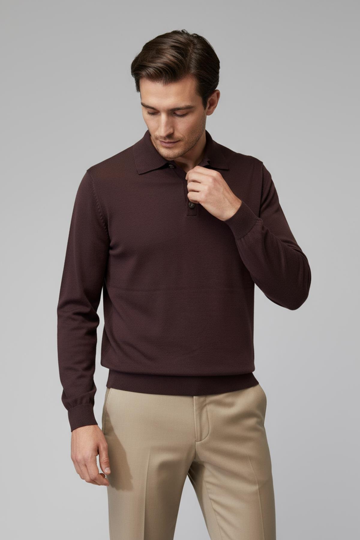 Chuba Erkek Polo Yaka Düğmeli Triko Kazak Kahverengi 26W2012