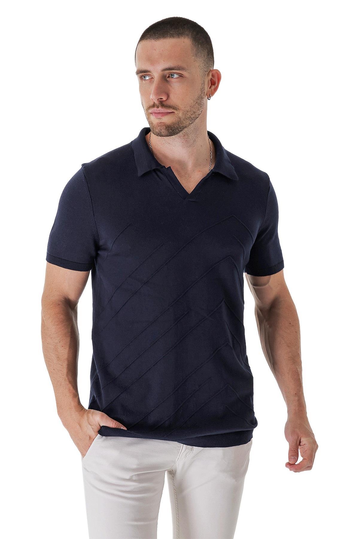Chuba Erkek Polo Yaka Örgü Detaylı Pamuklu İnce Spor Triko T-Shirt Lacivert 23S2010