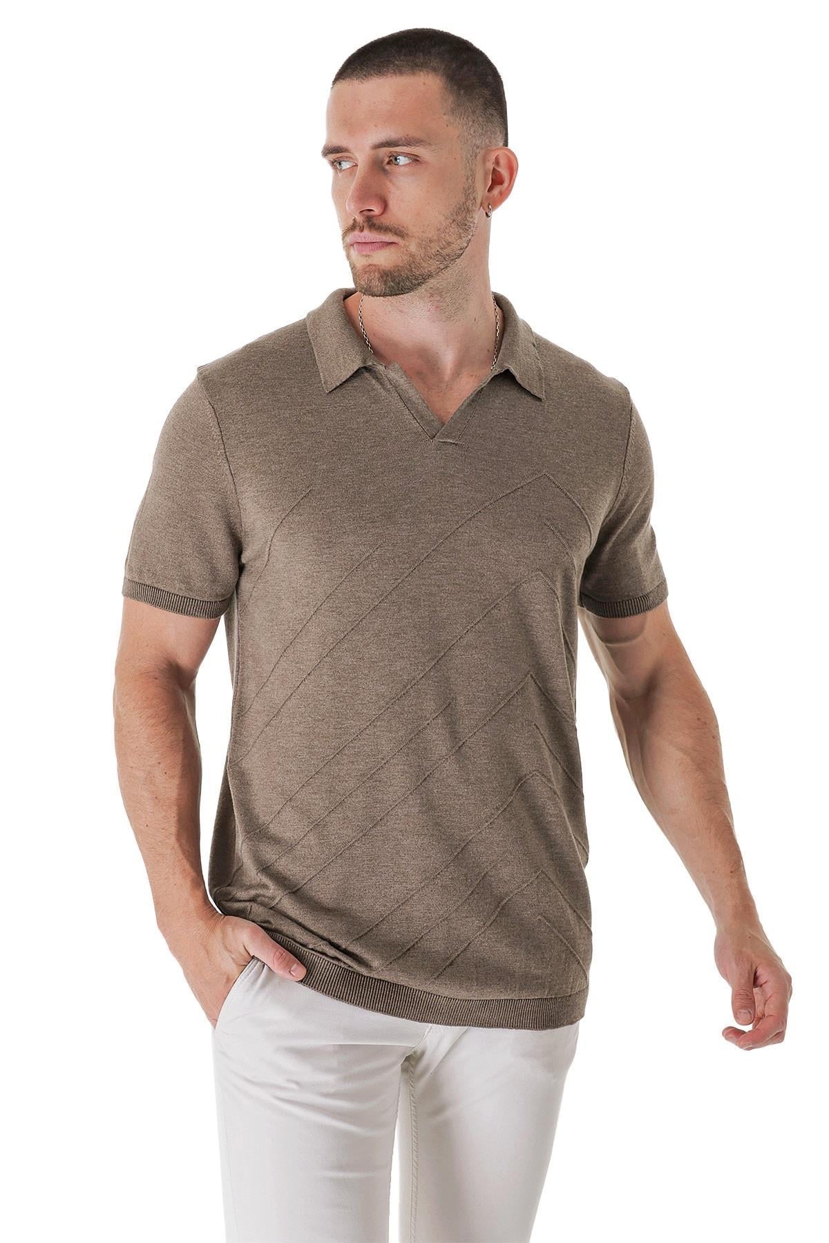 Chuba Erkek Polo Yaka Örgü Detaylı Pamuklu İnce Spor Triko T-Shirt Vizon 23S2010