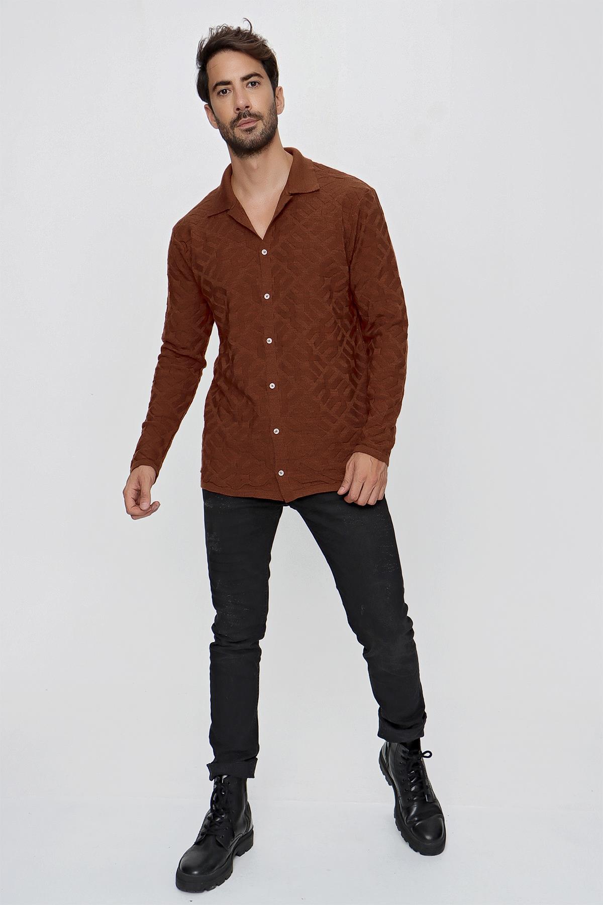 CHUBA Erkek Regular Fit Desenli Uzun Kollu Triko Gömlek Tarçın 23W211