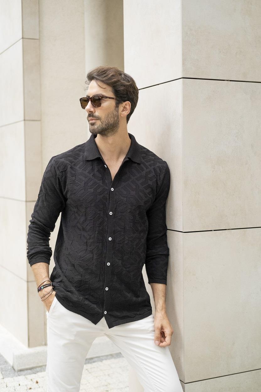 CHUBA Erkek Regular Fit Desenli Uzun Kollu Triko Gömlek Siyah 23W211