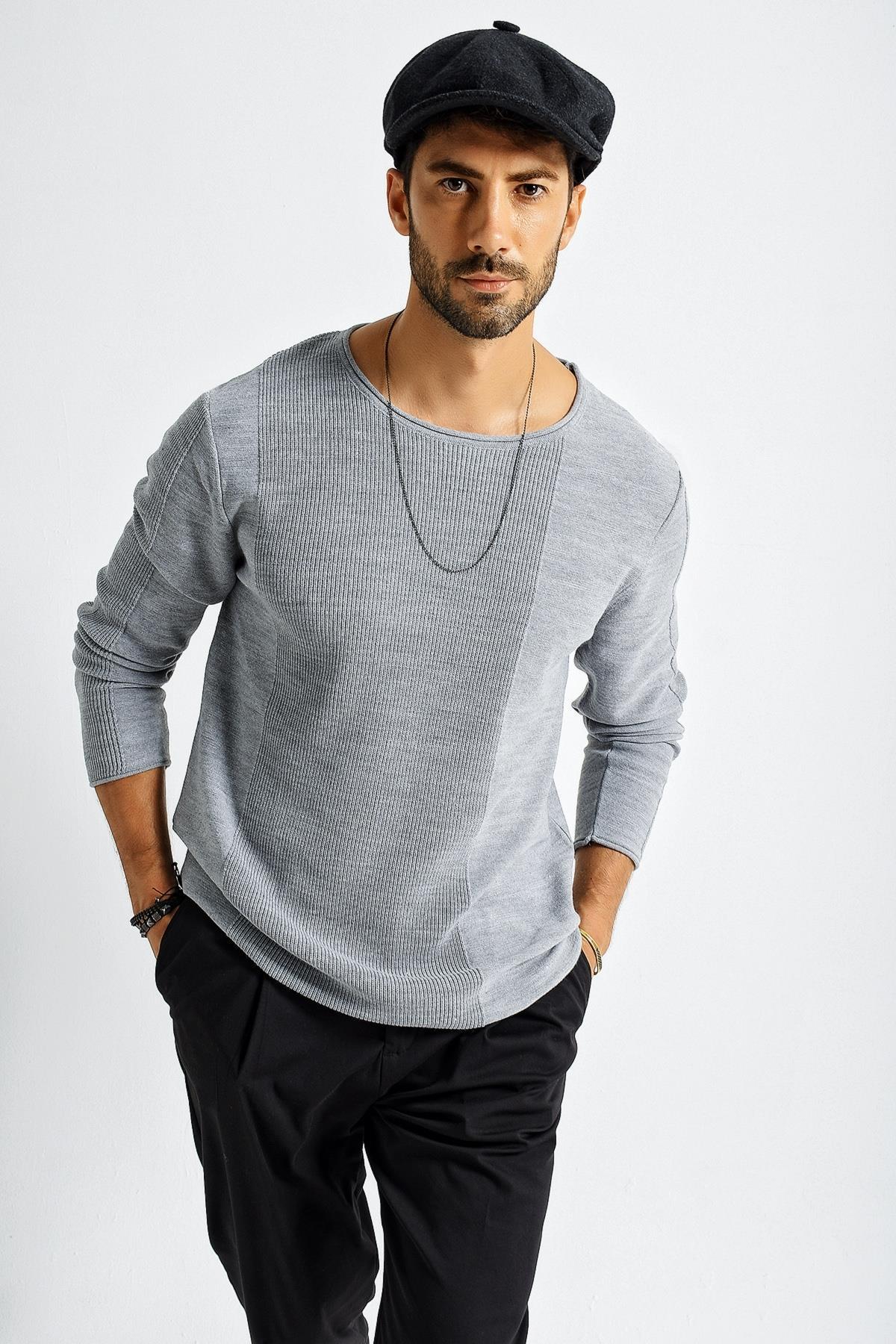 Chuba Erkek Roll Yaka Panel Desen İnce Spor Triko Kazak 21W306