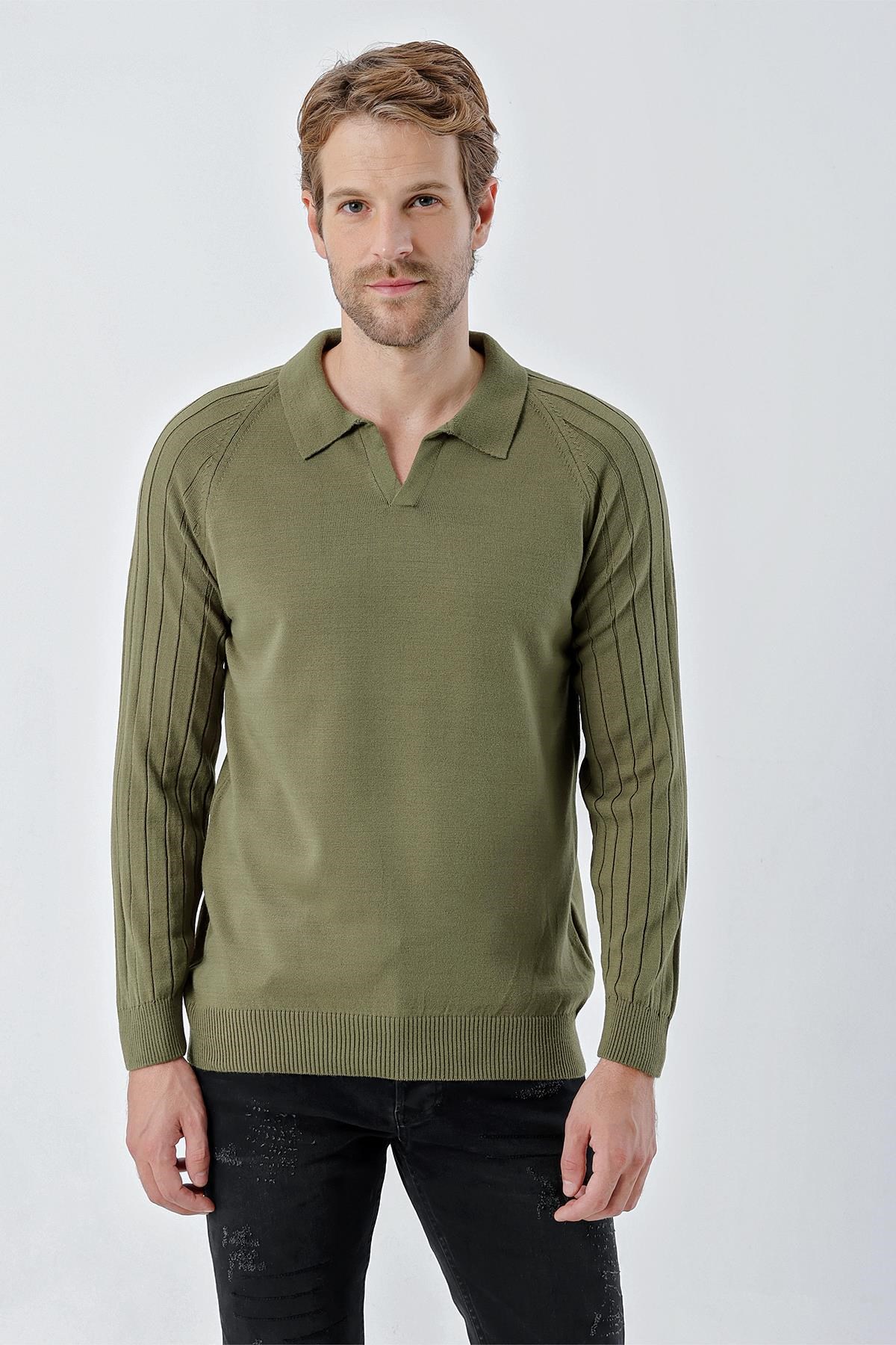 Chuba Erkek Standart Fit Reglan Kol Polo Yaka Triko Kazak Haki 24W210