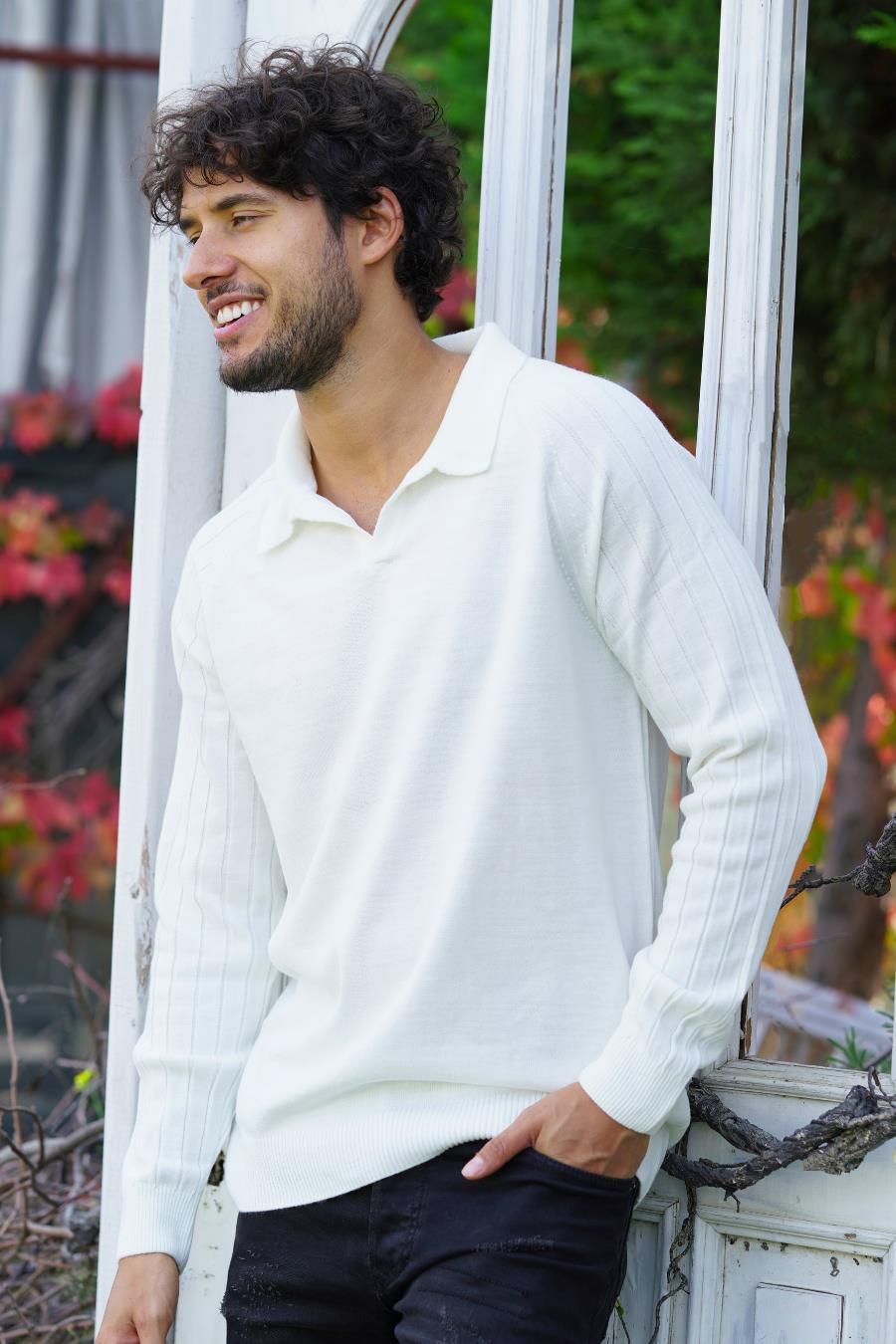 Chuba Erkek Standart Fit Reglan Kol Polo Yaka Triko Kazak Ekru 24W210