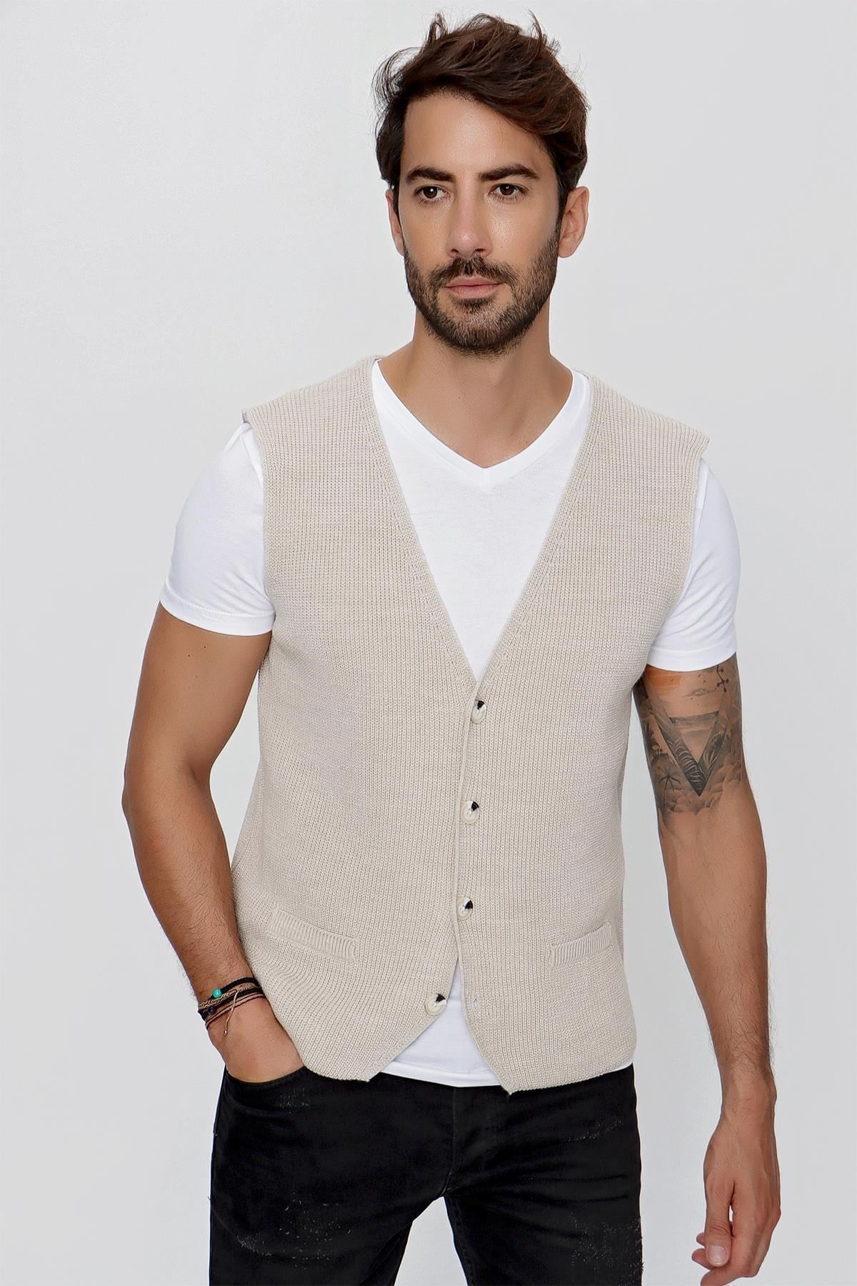 CHUBA Erkek Süs Cepli Regular Fit Triko Yelek Bej 23W218