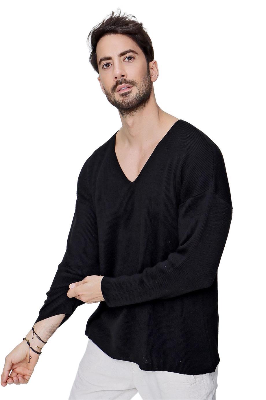 Chuba Erkek V Yaka Pamuklu Salaş Triko Kazak Siyah  22SM212