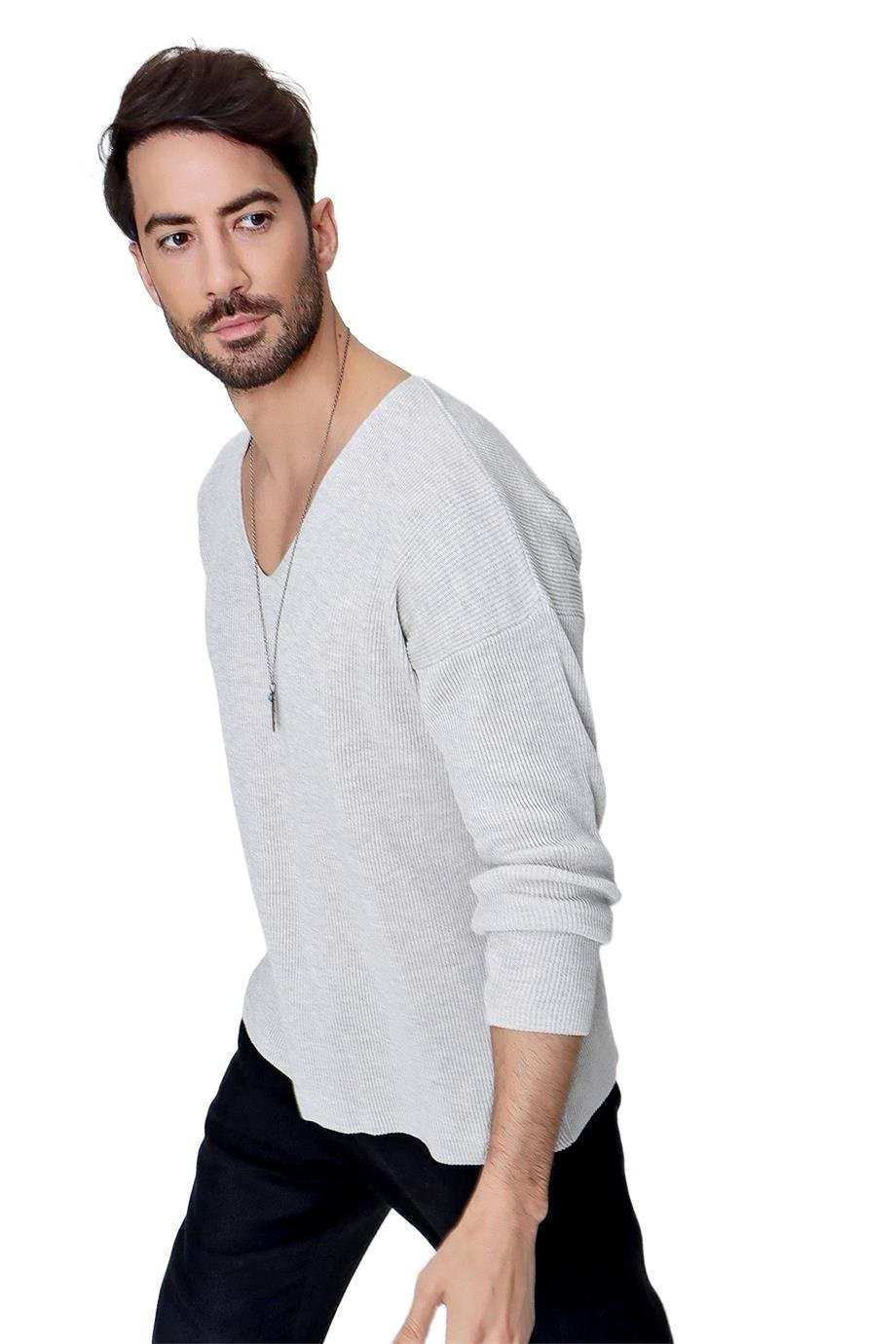 Chuba Erkek V Yaka Pamuklu Salaş Triko Kazak Gri  22SM212