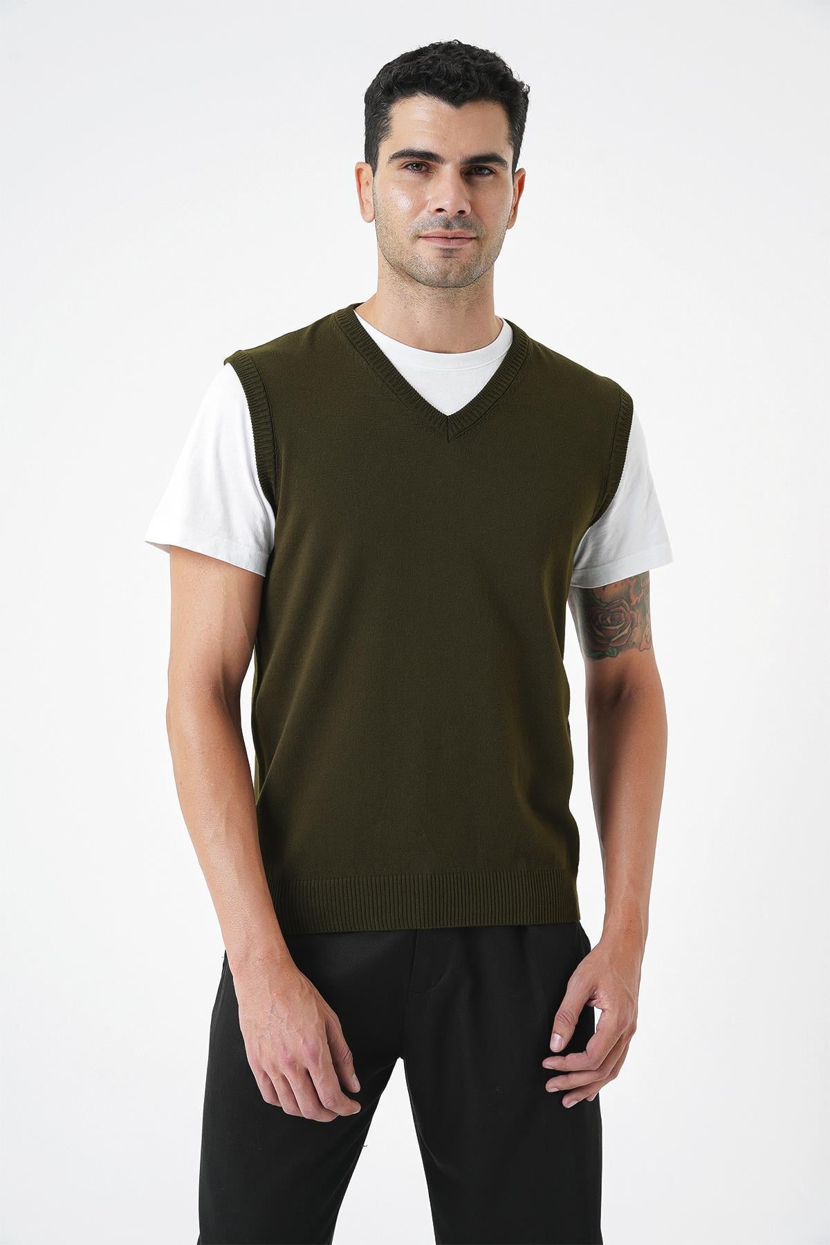 Chuba Erkek V Yaka Regular Fit Triko Süveter Haki 25W2001