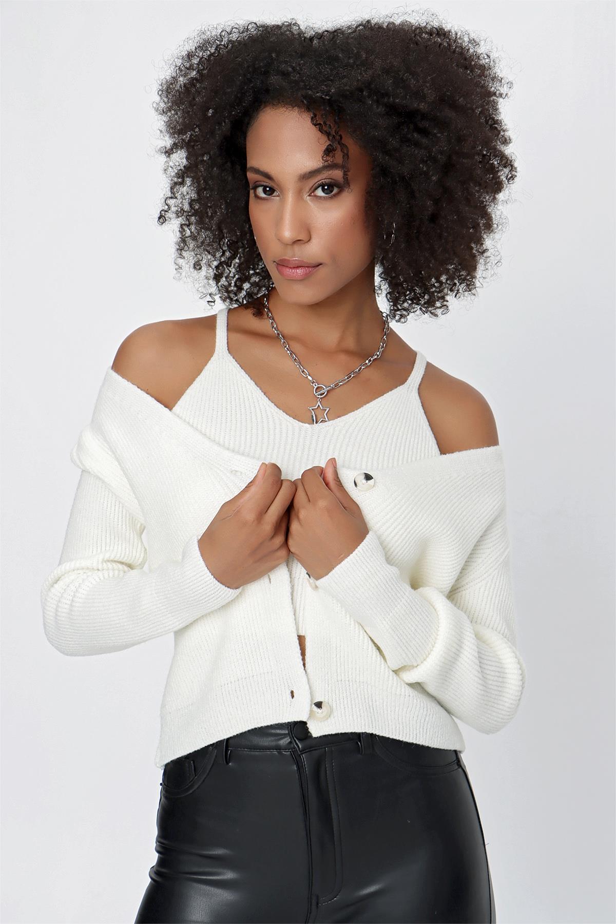 CHUBA Kadın Askılı Atlet - Hırka Melanj İkili Triko Takım Ekru 23W317