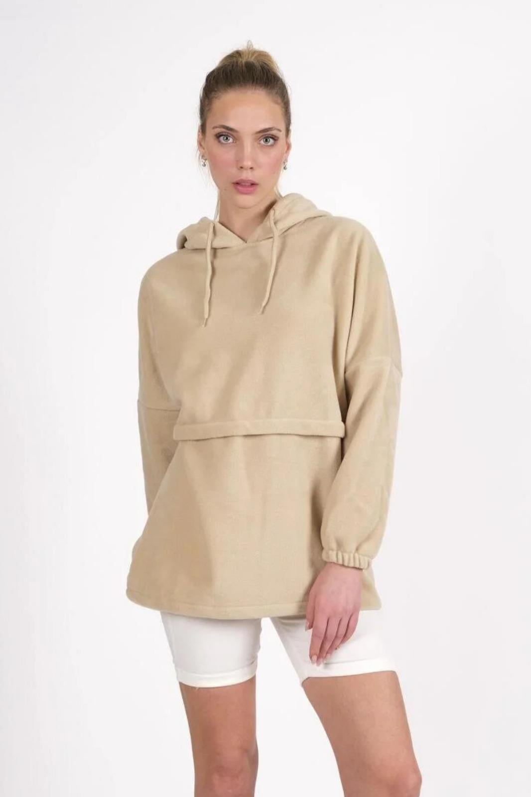 CHUBA Kadın Bej Kapüşonlu Oversize Outdoor Retro Polar Hoodie 22WK299
