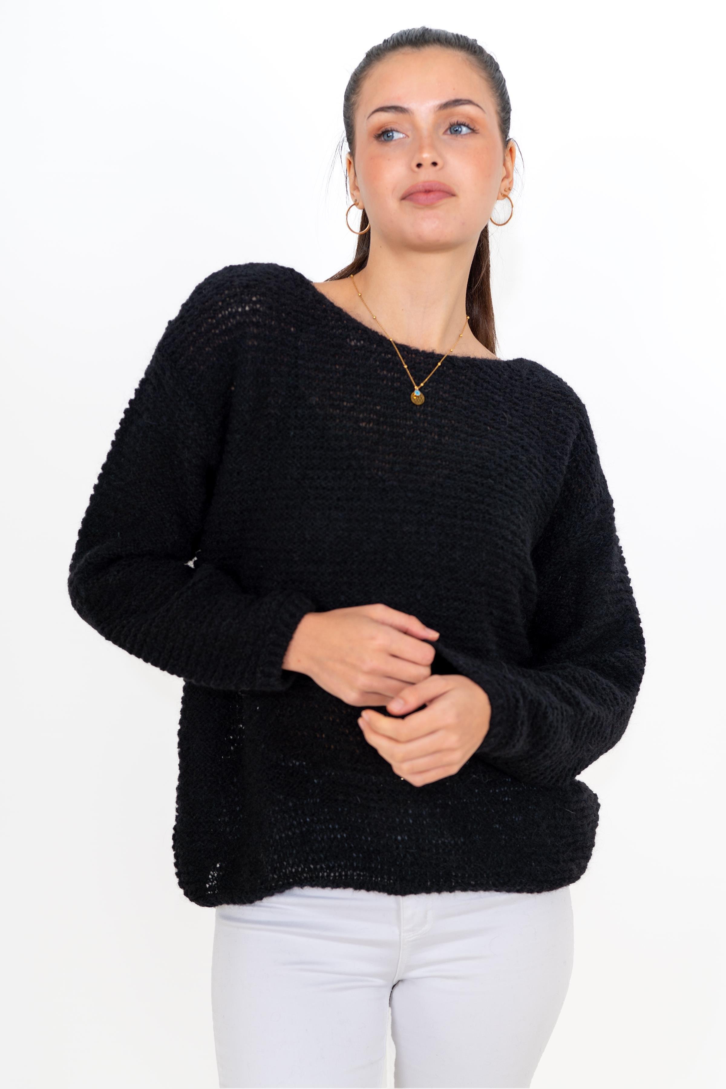 Chuba Kadın Dokulu Yumuşak Tuşe Alpaka Yün Kayık Yaka Triko Kazak Siyah 24W143