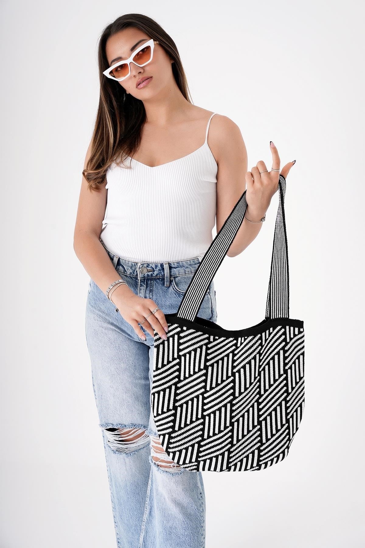 Chuba Kadın Etnik Bohem Triko Örgü Shopper Askılı Gündelik El & Omuz Çantası CHAX811 Siyah
