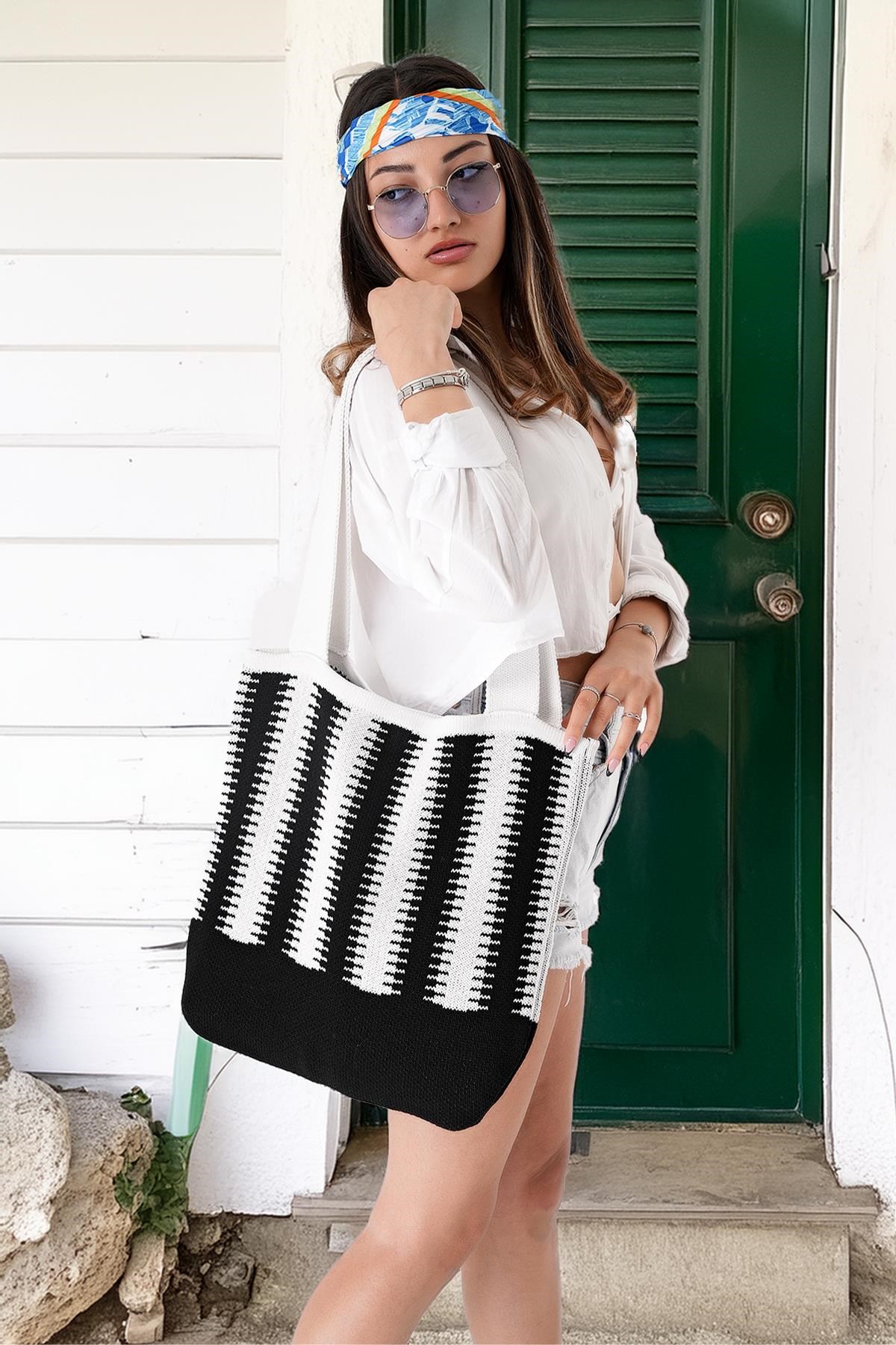 Chuba Kadın Etnik Bohem Triko Örgü Shopper Askılı Gündelik El & Omuz Çantası CHAX809 Beyaz