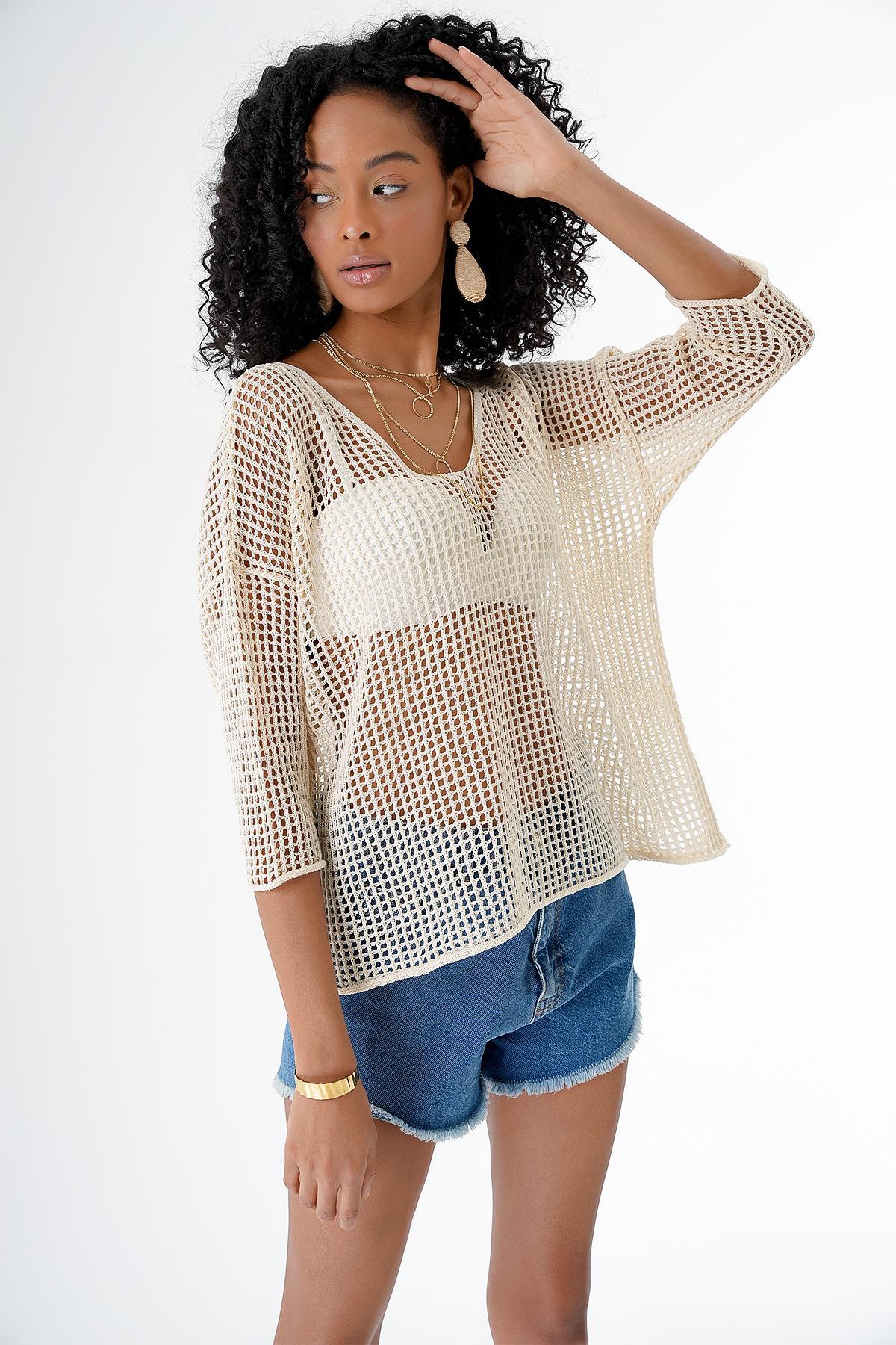 Chuba Kadın Geniş Kalıp V Yaka Ajurlu Transparan Triko Bluz Vanilya 24S154