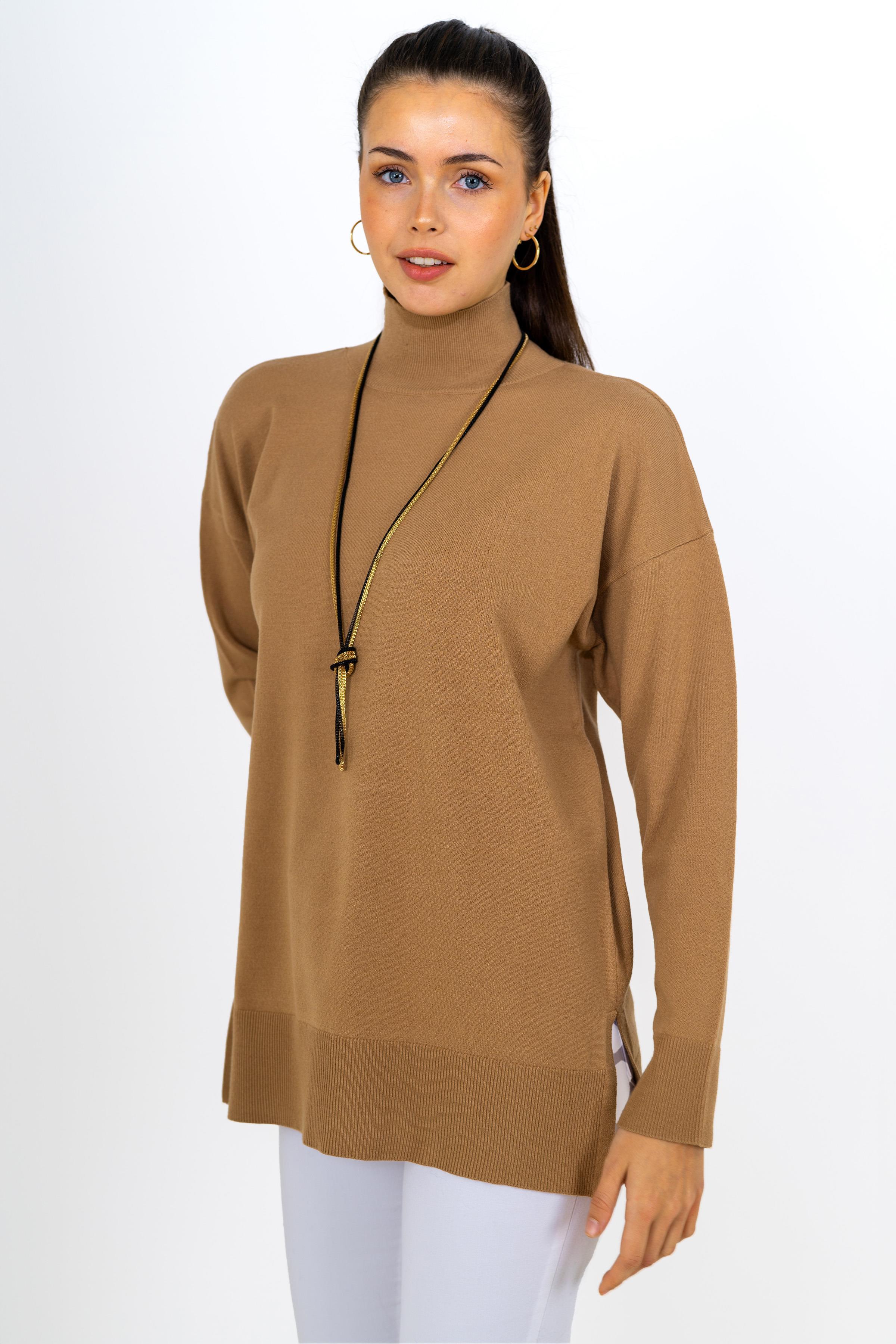 Chuba Kadın Geniş Kalıp Yumuşak Dokulu Balıkçı Yaka Triko Kazak Camel 24W141