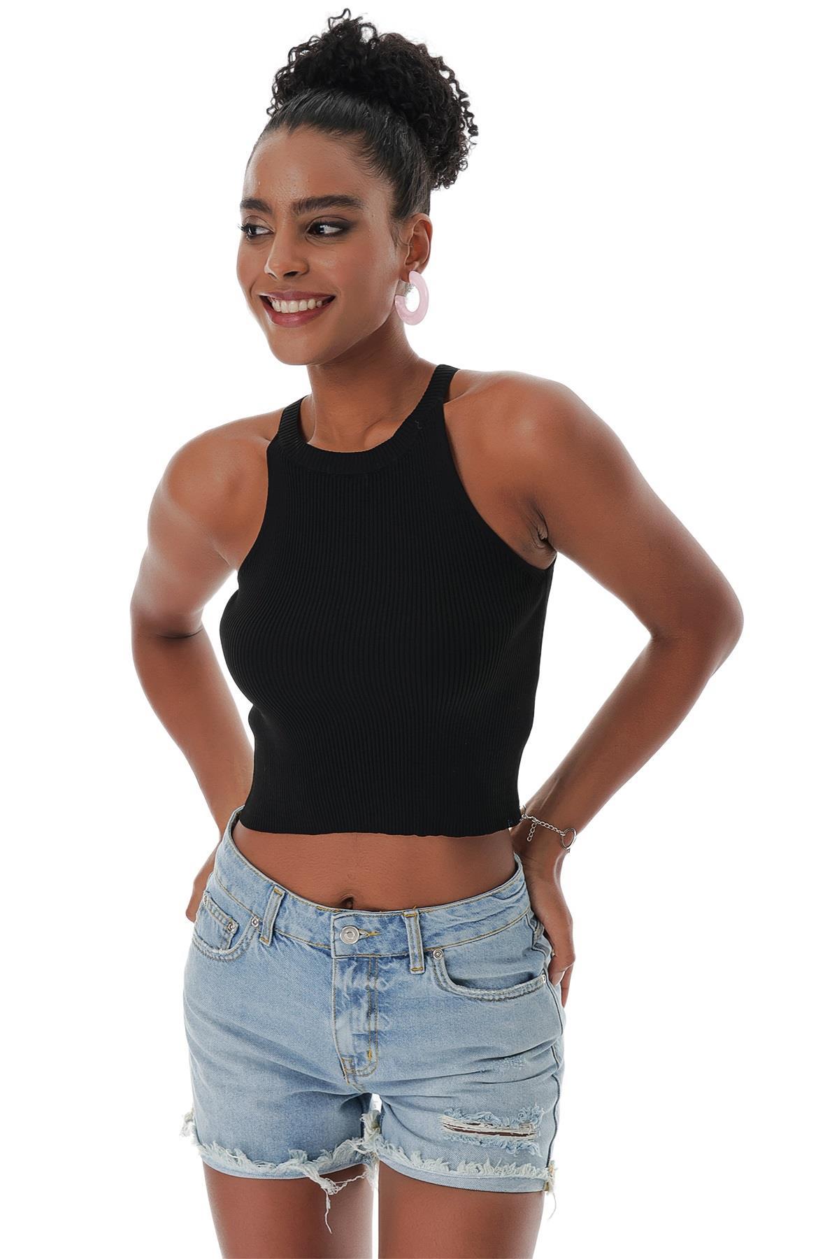 Chuba Kadın Halter Yaka Fitilli Triko Crop Siyah 23S1008