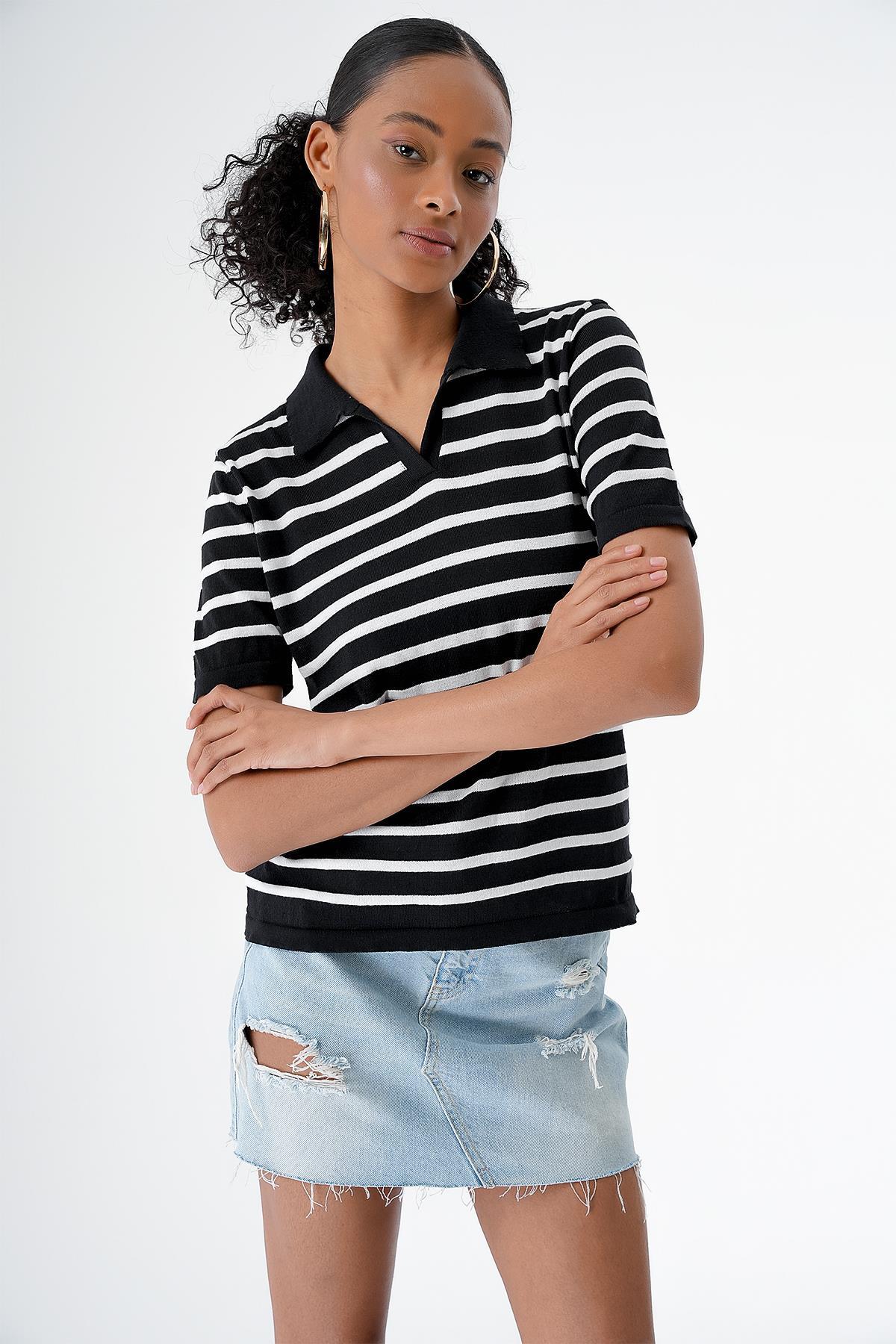 Chuba Kadın Polo Yaka Kısa Kollu Çizgili Triko T-Shirt Siyah-Beyaz 24S157
