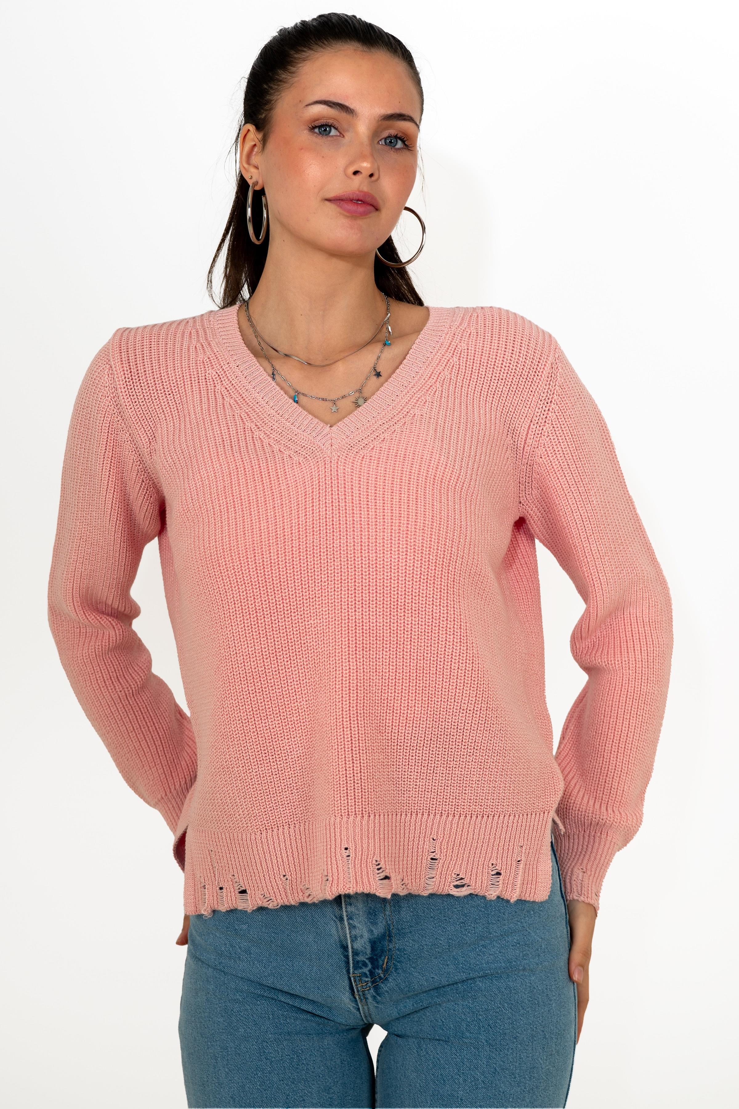 Chuba Kadın Selanik Örgü Pamuklu V Yaka Triko Kazak Pudra 24W144