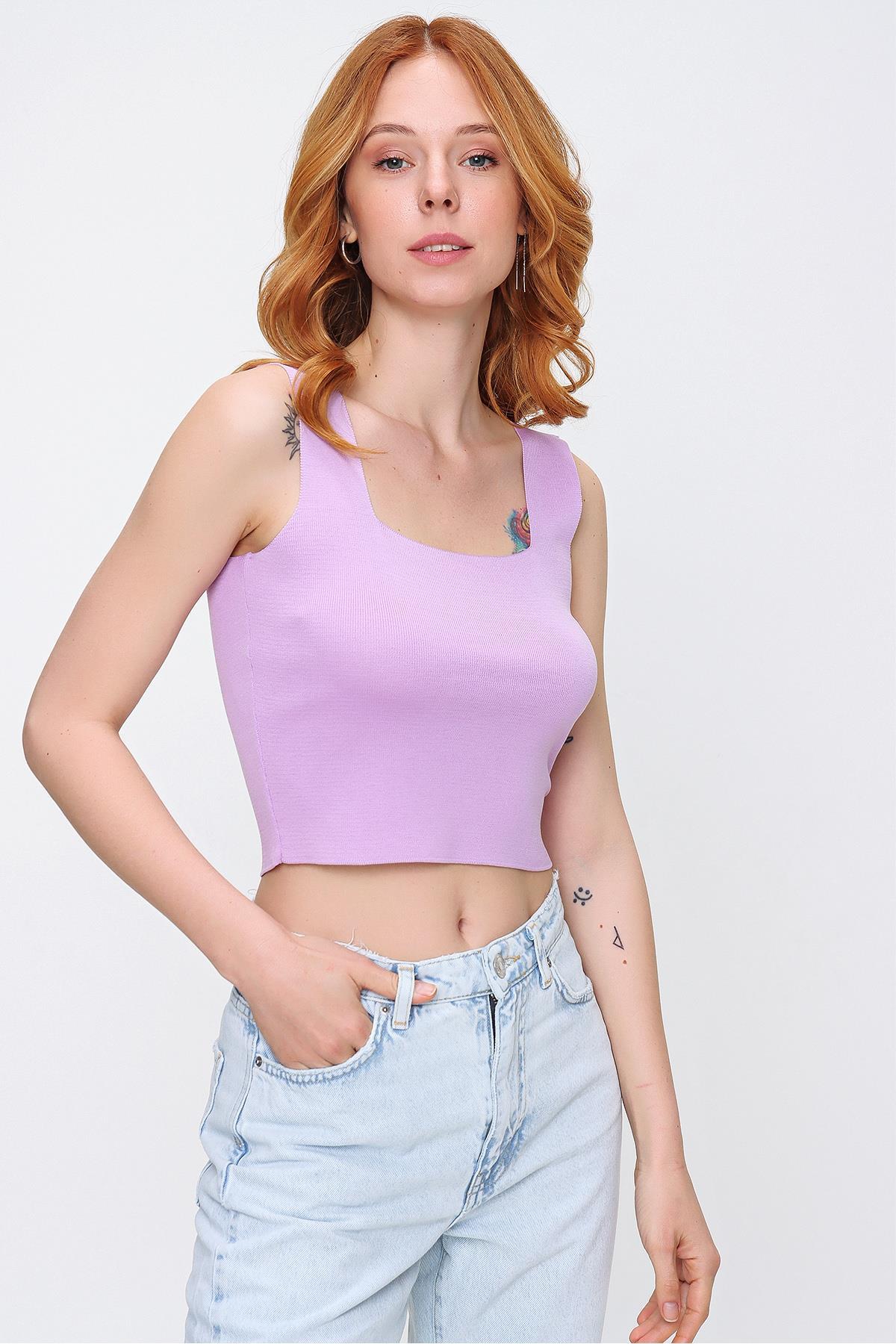 Chuba Kadın Soft Touch Kare Yaka Lila Triko Crop Atlet 21S314