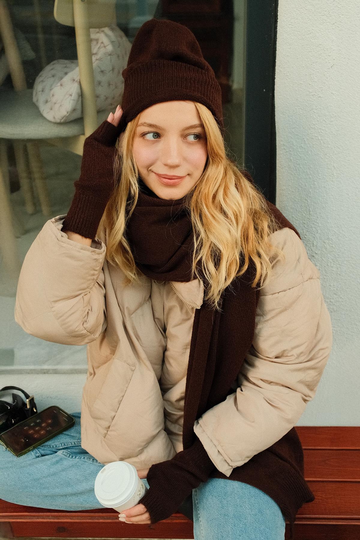 Chuba Kadın Triko Atkı & Bere & Eldiven Üçlü Takım Set Kahve 26W5006