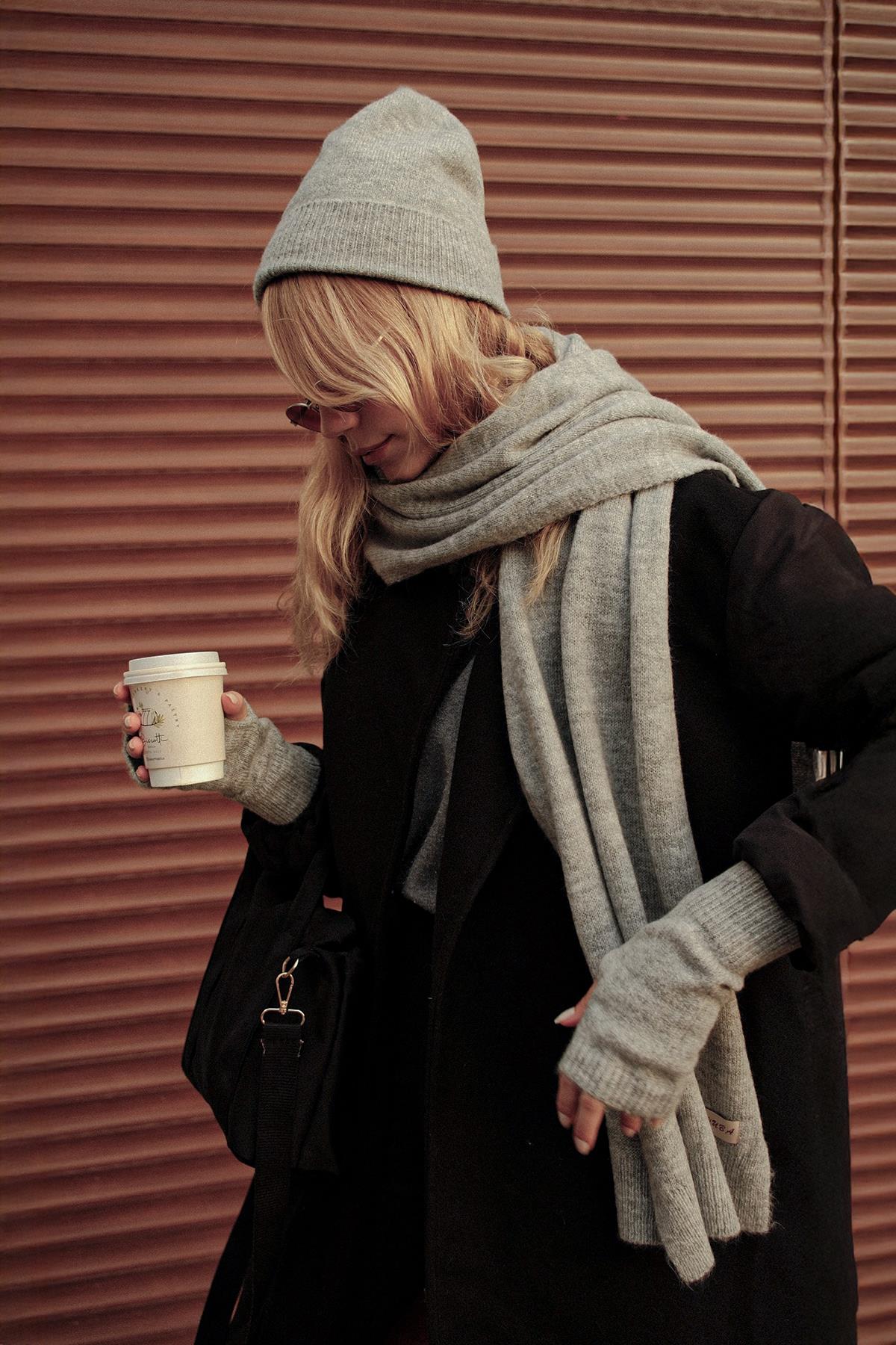 Chuba Kadın Triko Atkı & Bere & Eldiven Üçlü Takım Set Gri 26W5006